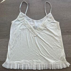 American Eagle Outfitters Cream Lace-Trim Pleated-Hem Cami